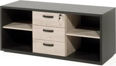 Image de Buffet de bureau bas avec 4 étagères et 3 tiroirs, en chêne clair et noir