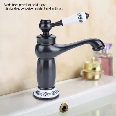 Image de Floral Pattern Single Handle Mixer Robinet Cold/Hot Water Faucet for Bathroom Basin Sink (Black)