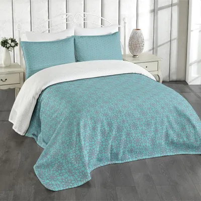 Produktbild von ABAKUHAUS Damast Tagesdecke Set, Inspiriert Abstrakt kontinuierliche Muster von Blumen Lattice mit Squares, 264 x 220 cm, Aqua und Purpleblue