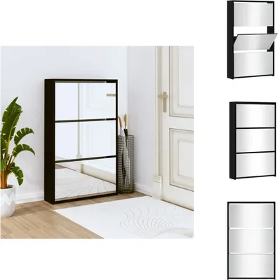 Image de vidaXL Armoire à chaussures avec miroir 3 compartiments noir 63x17x102,5 cm - Étagères et armoires à chaussures