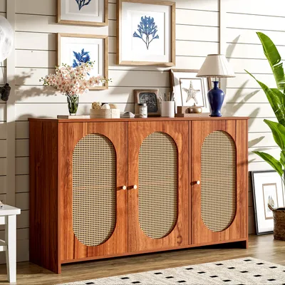 Produktbild von MODFU Kommode Sideboard mit mit 3 Türen, Schrank Buffet mit Metallgriffen für Wohnzimmer, Schlafzimmer, Kinderzimmer, Jugendzimmer und Büro, Nussbaum
