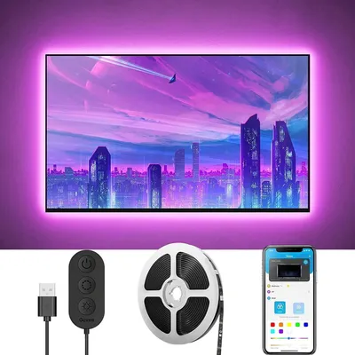 A TV screen displaying a futuristic city scene with purple lighting, accompanied by a remote control, a roll of LED strip lights, and a smartphone app interface.