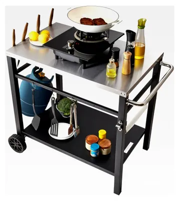 Produktbild von Servierwagen Küchenwagen 100 x 64 x 83,5 cm Grill- und Esswagen mit doppelter Ablage, mobiler Grilltisch für die Zubereitung von Speisen, multifunktionale Edelstahl-Tischplatte
