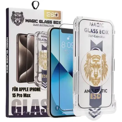 Produktbild von Panzerfolie Display Schutzglas Hartglas für Apple iPhone 15 Pro Max + Anbringhilfe + Reinigungstuch