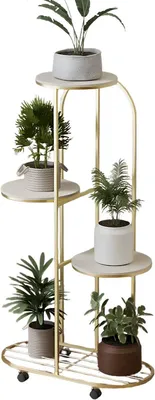 Imagen del producto de Soporte para plantas de 4 niveles, de metal y con ruedas – Estante para macetas, ideal para balcones y jardines – Color dorado