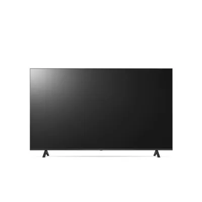A flat-screen television with a black screen and thin bezels, standing on two black legs, isolated on a white background.