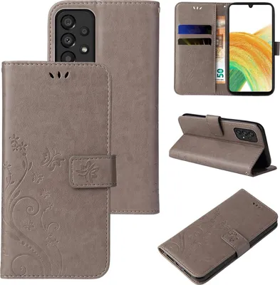 Produktbild von Handyhülle für Samsung Galaxy A33 5G Floral Blumen Schmetterling Flip Cover Hülle Case Klapphülle Handytasche Farbe: Grau