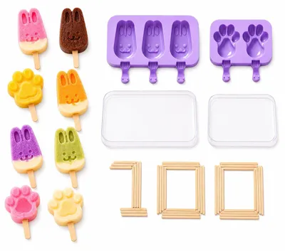 Silikon-Eisformen für Eis am Stiel, 2 Motive, mit Deckel + 50 Stäbchen