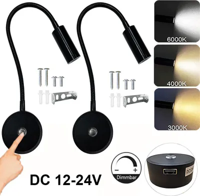 Produktbild von 2 Stück LED Wandleuchte Dimmbar 3 Lichtfarben, Leselampe Flexibel Lampenarm,Wandlampe Touch USB-Anschluss 12–24V Innenraum RV Wohnmobil Schiff,schwarz