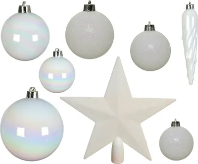 Produktbild von Weihnachtskugeln m Christbaumstern Kunststoff 33er Set Weiß Irisierend