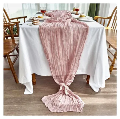 Produktbild von Tischläufer Altrosa – Boho Käsetuch Gaze Tischdecke, Chiffon Musselin Tischläufer Rosa für Hochzeit, Babyparty, Geburtstag, rustikale Tischdeko und Dekostoff im Vintage Stil für Feste und Anlässe 90x300 cm