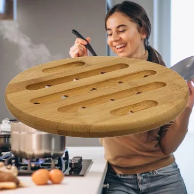 Productafbeelding van Decopatent® Pannenhouder Rond Ø18 Cm - Ronde Pannen Onderzetter - Panonderzetter Rechthoekig - Bamboe - Pannen Onderzetters