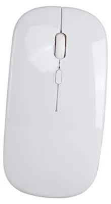 A white wireless mouse is shown from a top-down perspective against a white background.