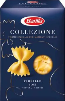 A product shot of a box of Barilla Collezione Farfalle pasta.