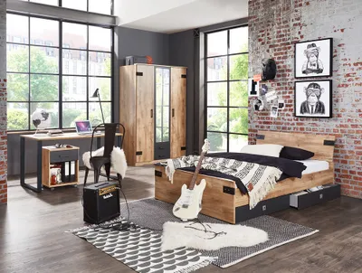 Produktbild von Jugendzimmer Set 6-teilig mit Bett 140cm 2 Bettschubkästen Kleiderschrank EVERTON-43 Schreibtisch mit Rollcontainer