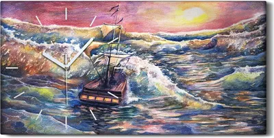 Produktbild von Dekor Leinwand Uhr Wandbilder Quarz 60x30 Wellen Meer Segel Schiff Himmel bunte - weiße Hände