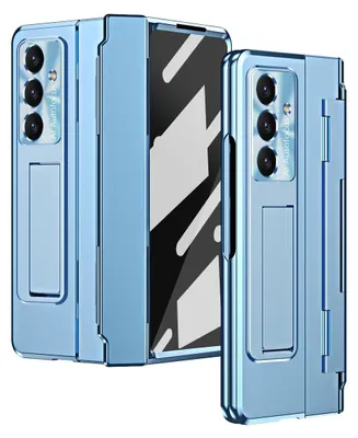Two blue foldable phone cases are shown, one open and one closed, against a light gray background.