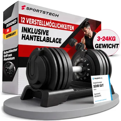 Produktbild von Ironmate_24 - verstellbare Hantel für Zuhause, 1,5 bis 24 kg Einstellung, Kurzhantel mit Hantelscheiben, 12-16 Gewichtsstufen, platzsparend, rutschfester Griff, Krafttraining, inkl. Ablageschale