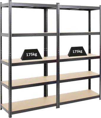 Produktbild von Mega Deal | 2x Schwerlastregal Ragnar | HxBxT 180x90x40cm | 5 MDF-Platten-Ebenen | Fachlast 175kg | Schwarz