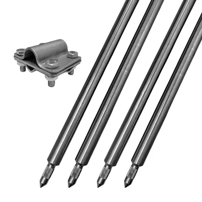 A product shot of grounding rods and a clamp on a white background.