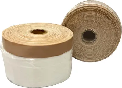 Zdjęcie produktu dla Folia maskująca Strend Pro, 1100 mm, L-25 m, PE, malarska, z taśmą samoprzylepną z tkaniny, folia maskująca do podłóg