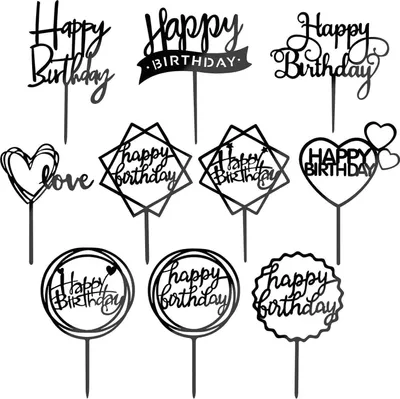 Image de Acrylique noir Happy Birthday Set de décoration de gâteau 10 pièces - Cupcake Topper, Guirlande Coeurs Etoiles Cake Topper - Fille, Enfant, Mariage, Mère