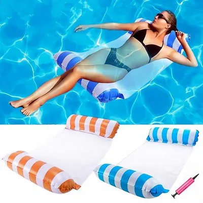 Produktbild von Unyqoos® Aufblasbares Wasserhängematten-Set 4‑in‑1 – Hängematte/Liege/Floß/Schwimmsitz, 2er-Set Orange & Blau, inkl. Pumpe, Netz‑Design, max. 115 kg