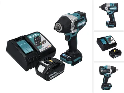 A product shot of a Makita cordless impact wrench, battery, and charger, with additional product shots on the right.