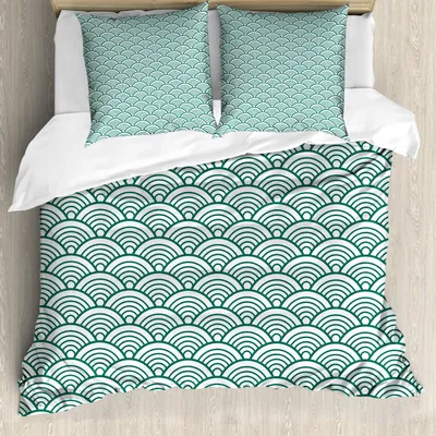 Produktbild von ABAKUHAUS Teal Bettbezug Set, Traditionelle japanische chinesische Seigaiha-Muster-abstrakte Skala-asiatische Inspirationen, 200 x 200 cm + 80 x 80 cm, Jadegrün Weiß