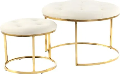 Two round ottomans with tufted cream upholstery and gold metal frames are shown against a white background.