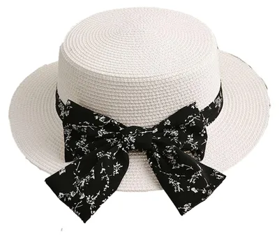 Produktbild von Damen-Strohhut mit flachem Oberteil und Schleife, kleiner Sommer-Zylinder, Stroh-Sonnenhut, Hutumfang 56-58 cm