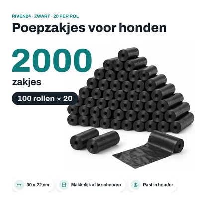 Productafbeelding van RIVEN24 Poepzakjes voor honden zwart, 2000 zakjes (100 rollen × 20), 30 × 22 cm, voor houder