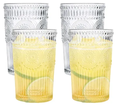 Kaffeetassen 380 ml, 4er-Set Vintage-Reliefgläser, transparent