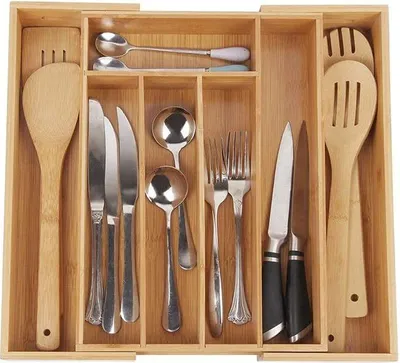 Produktbild von QUVIO Besteckfach Organizer Holz - Verstellbare Besteckschublade - Besteckablage - Ablagefach - Besteckkassette - Braun