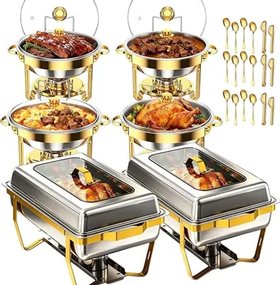 Obrázek produktu pro Sada 6 kusů zlatých chafing dish pro bufet, včetně ohřívačů jídla o objemu 5 QT a 9 QT, s průhlednými víky a příslušenstvím. Nerezové ohřívače jídla vhodné pro oslavy, svatby a cateringové akce