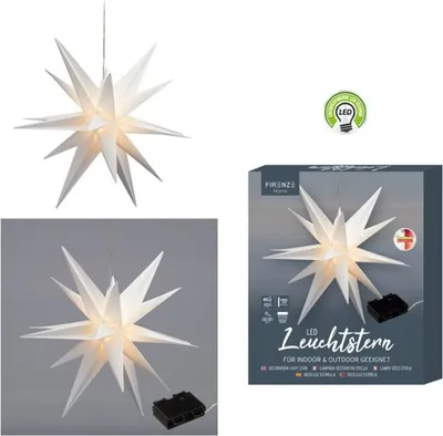A collage of images showing a white paper star lantern, its packaging, and a close-up of the lantern with its battery pack.