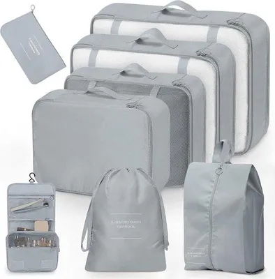 Produktbild von Famanu Koffer Organizer Set 8-teilig - Wasserfeste Packtaschen - Reisorganizer für Urlaub - Graue Kompressions-Packboxen