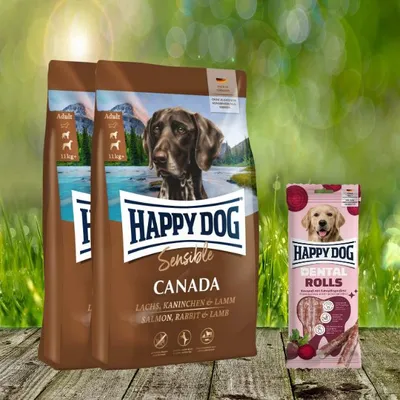 Produktbild von Happy Dog Supreme Sensible Canada 2 x 11 kg + Happy Dog Dental Rolls *geschenkt*