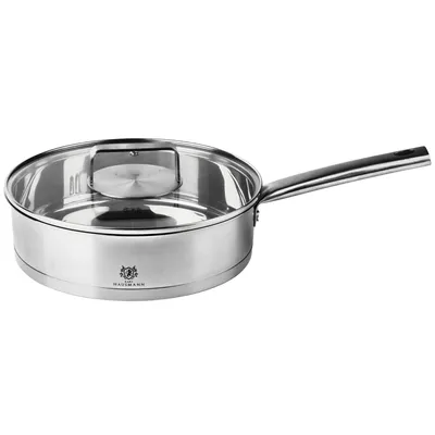 A stainless steel frying pan with a glass lid and a long handle, shown from a side angle on a white background.