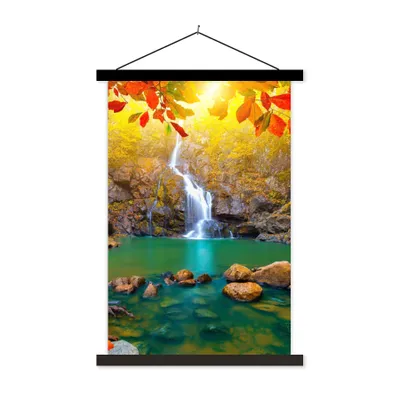 Produktbild von MuchoWow® Textilposter Steine - Baum - Wasserfall - Herbst - Rot 120x180 cm mit schwarzem Rahmen - Fotos