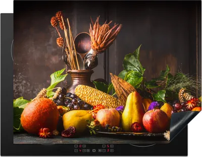 Produktbild von KitchenYeah© Herdabdeckplatte Gemüse - Obst - Rustikal - Tisch , 77x59cm, Küche Deko, Glaskeramikkochfeld Herdabdeckung, Abdeckplatte fùr Kochfeld