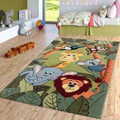 Produktbild von TT Home Kinderzimmer Teppich Dschungel Zoo Tiere Giraffe Schlange Löwe Affe Grün Größe 140x200 cm