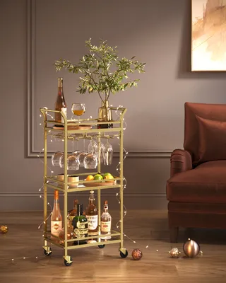 Produktbild von VASAGLE kleine Servierwagen, Rollwagen, verspiegelte Glasablagen, goldfarben