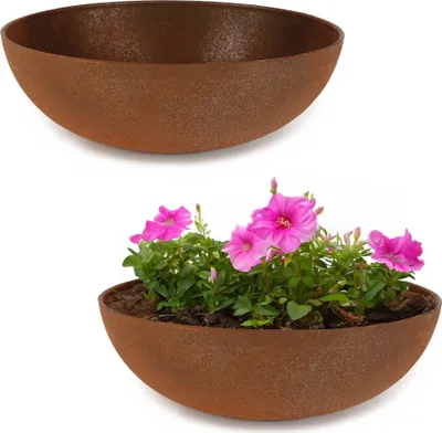Produktbild von Runde bauchige 37 cm Pflanzschale für draussen, rost-optik braun