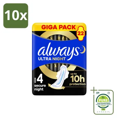 Imagen del producto de 10 compresas nocturnas Always Ultra Secure con alas, para mujer - Paquete grande - 10 unidades