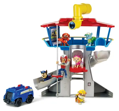 Produktbild von PAW Patrol Lookout Hauptquartier Spielset mit Chase Figur und Basis Fahrzeug, Spielturm, Spielzeug geeignet für Kinder ab 3 Jahren, mit Licht- und Geräuscheffekten, Fahrzeug- & Schienen-Set, 3 Jahr(e), LR44, Mehrfarbig