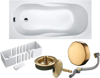 Produktbild von VBChome Acrylbadewanne 150 x 70 cm Weiß mit Styroporträger und Gold Siphon - Modern, langlebig und wärmeisolierend, perfekt für das Badezimmer