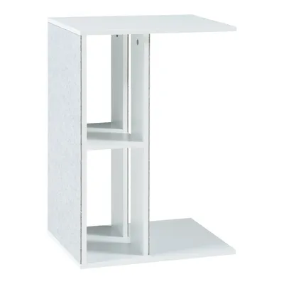 A white side table with shelves and a textured side panel, shown against a white background.