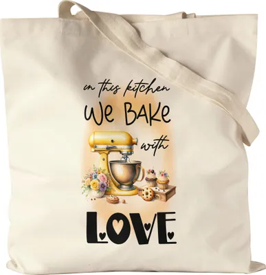 Produktbild von In this kitchen we bake with love Küchenmaschine Jutebeutel - Liebevolle Geschenkidee
