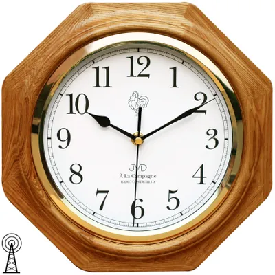 A wooden octagonal wall clock with a white face and black hands.